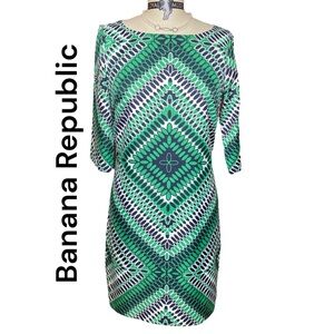 Banana Republic Dress Sz 6 Green White Blue Black Oval Dot Sheath Dress